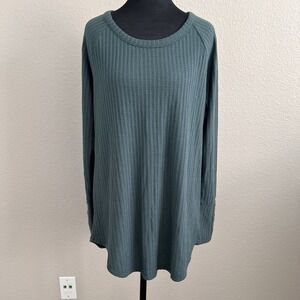 Chasor Womens Large Top Teal Waffle Knit Long Sleeve Button Cuff Cozy Minimalist